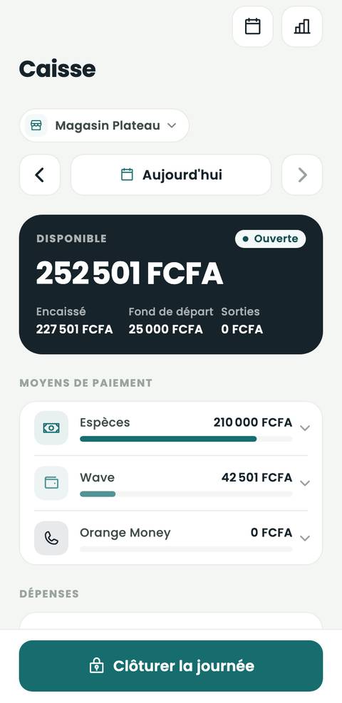 Caisse du Magasin Plateau : journée ouverte, 252 501 FCFA disponibles.