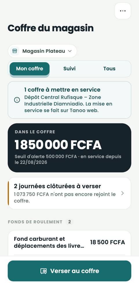Coffre du magasin : 1 850 000 FCFA, journées clôturées à verser.