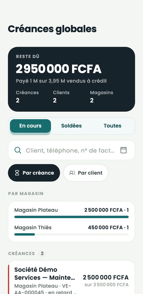 Créances globales : reste dû 2 950 000 FCFA, réparti par magasin.