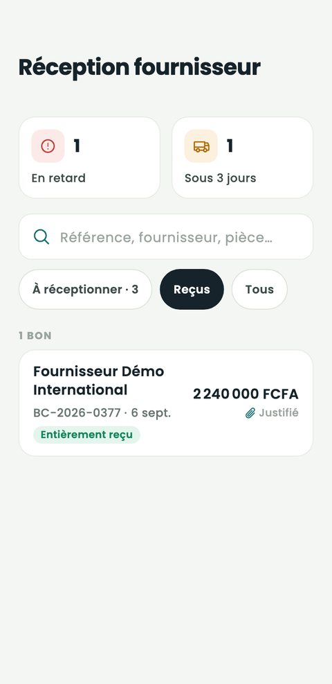 Réception fournisseur : un bon de commande entièrement reçu.