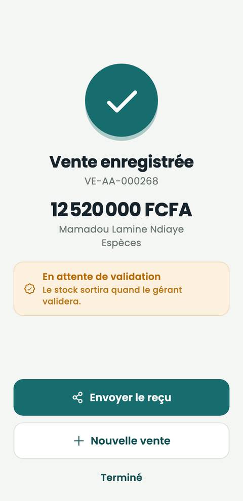 Vente enregistrée : 12 520 000 FCFA, reçu prêt à envoyer.